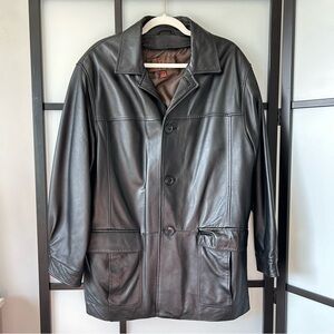 [L] Danier Vintage Black Brown Button Down Real Leather Jacket Fall Winter